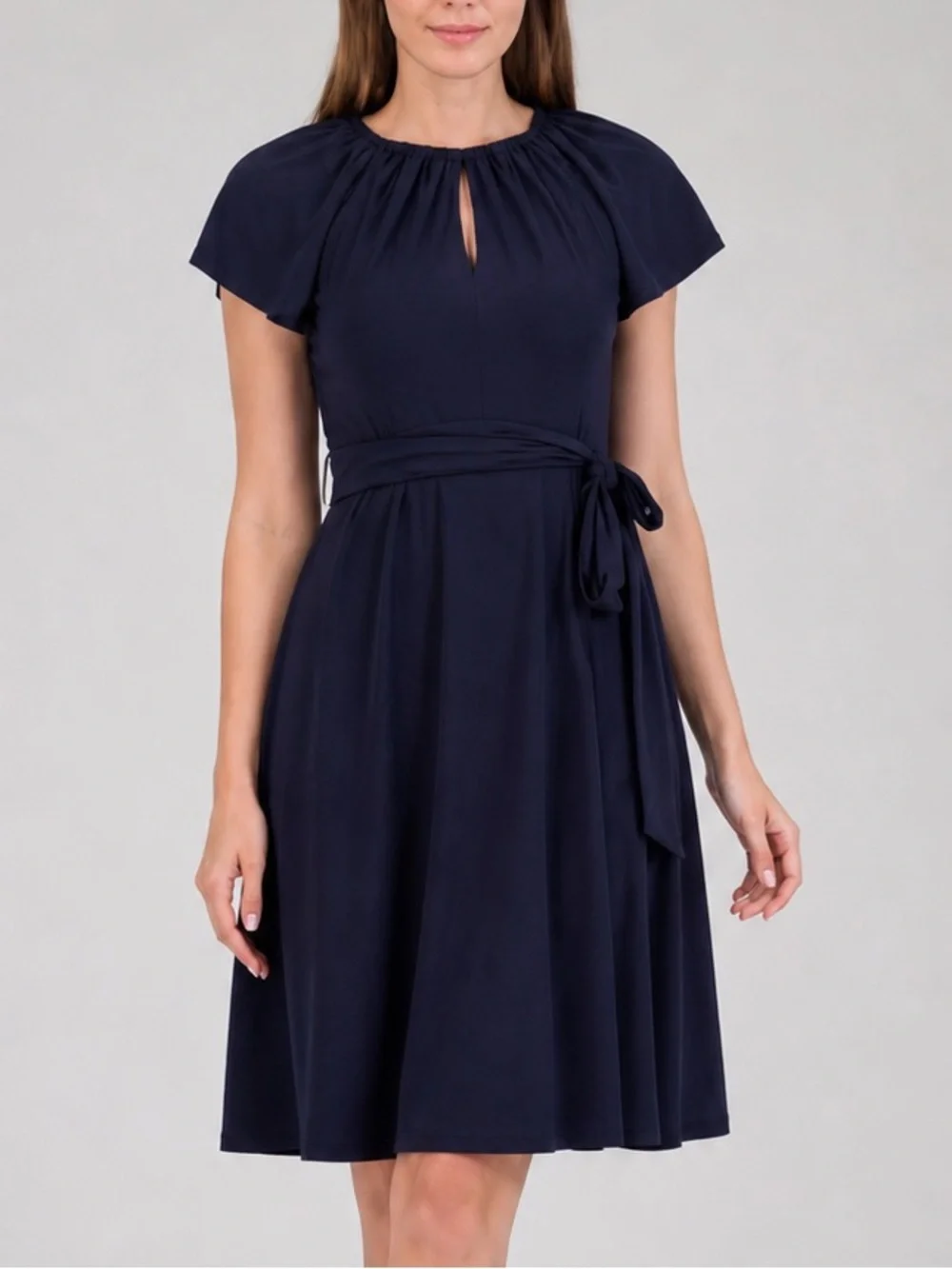🆕🫐 Jessica Howard Navy Blue Fit & Flare Dress Petite 12P Tie Waist Office Midi - Picture 1 of 17